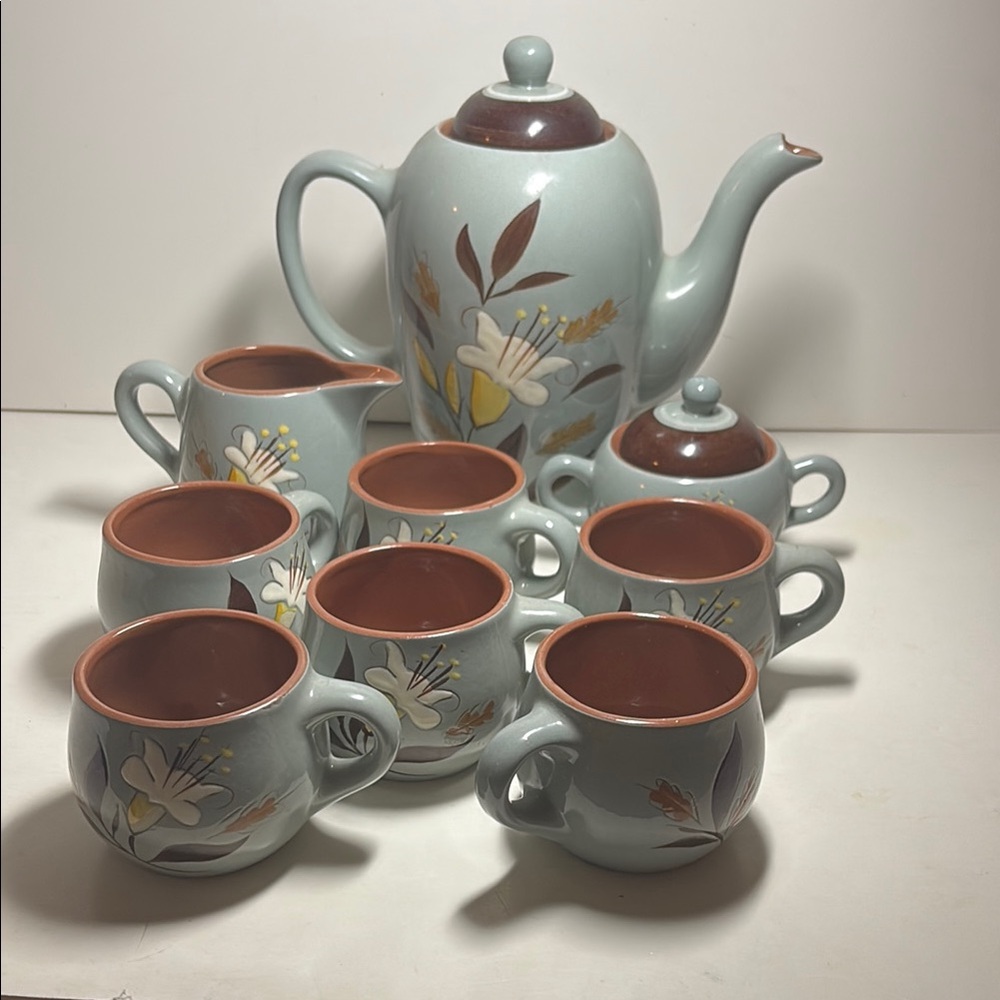 Stangl Pottery Floral Ceramic Tea Set - Blue and Brown